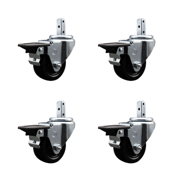 3'' Hard Rubber Wheel Swivel 7/8'' Square Stem Caster Set with Brake, 4PK